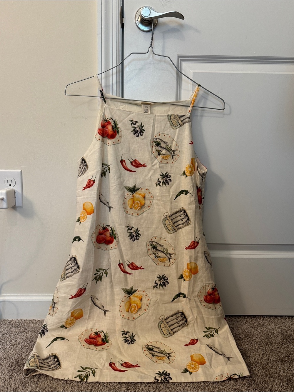 NWT Magaschoni Mediterranean Food Print European Linen Dress Women's Size Medium